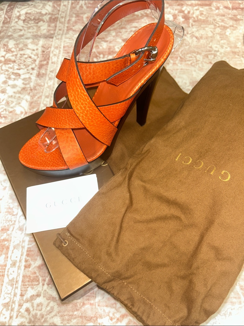 NIB Authentic Gucci Orange Leather Crisscross Slingback Sandals